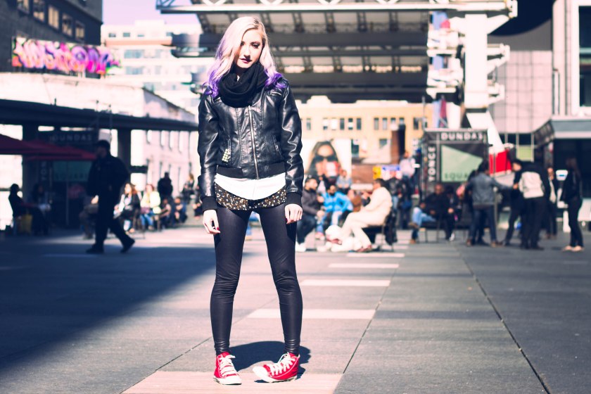 Toronto, yonge-dundas square, model, purple hair, pose, portrait,