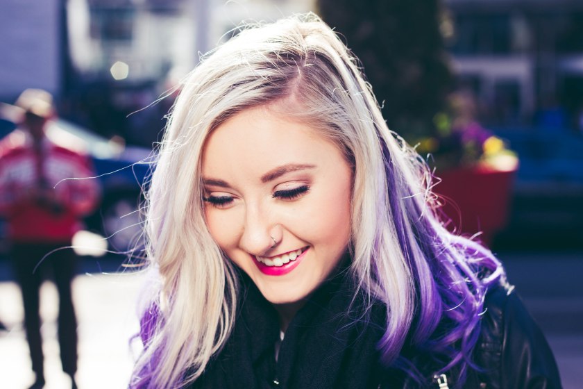 Toronto, model, purple hair, eyes, pose, portrait, smile