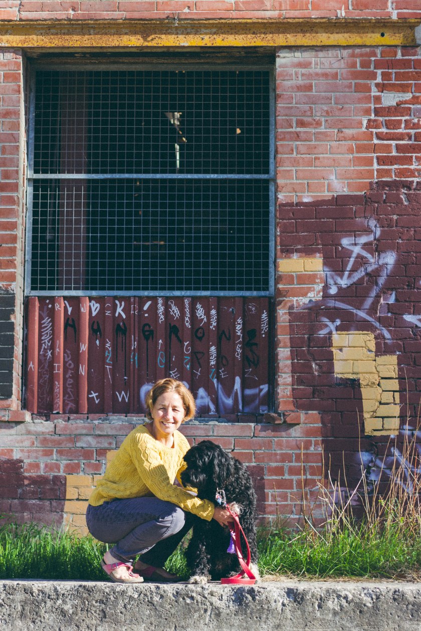 woman, dog, happy, brickworks, brick