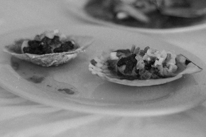Toronto, food, scallops, seafood, black and white, bw
