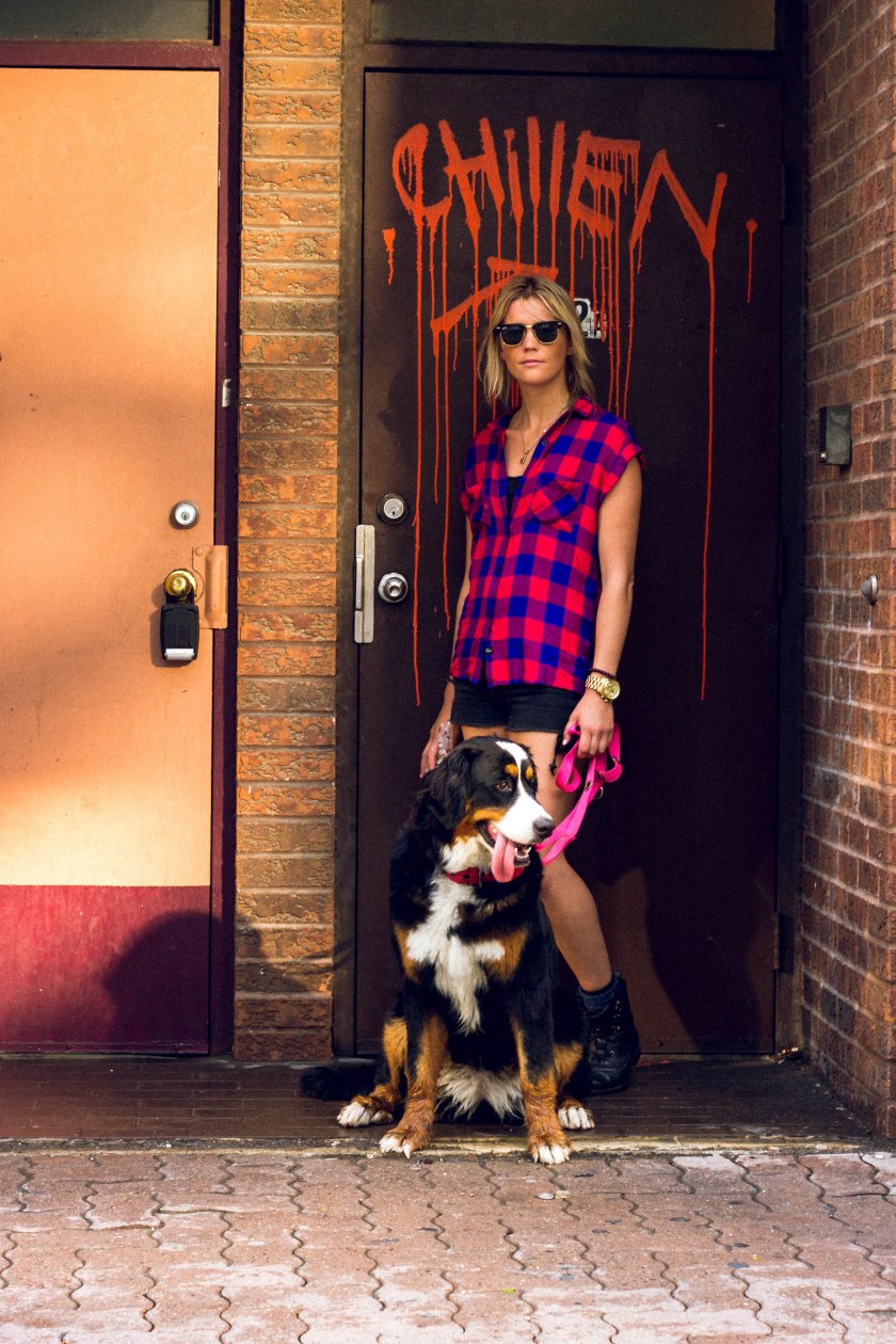 Portrait, Woman, Toronto, King Street, Liberty Village, dog, umbrella, rain