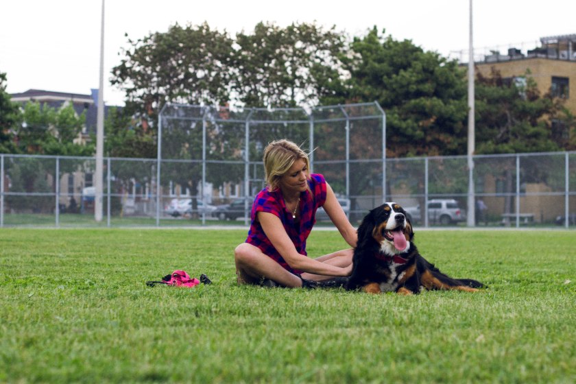 Portrait, Woman, Toronto, King Street, Liberty Village, dog, park