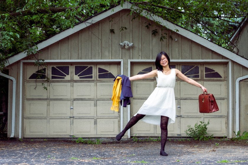 woman, pose, fun, garage, portrait